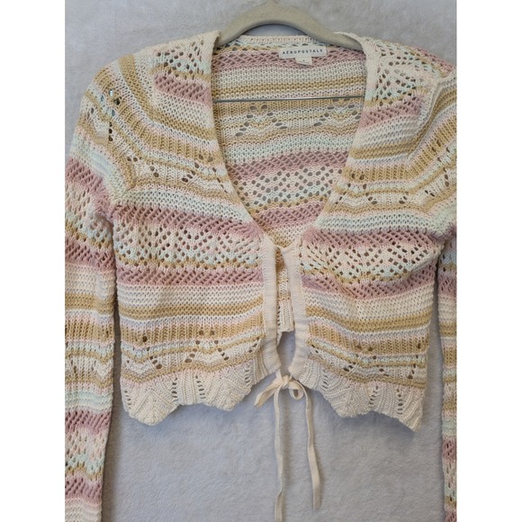 Aeropostale Womens Small Cropped Tie Front Cardigan Striped Pointelle Knit Pink - Picture 3 of 9